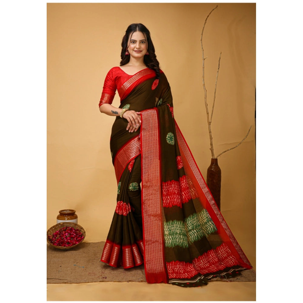 Snuggle Spot Women's Soft Blooming Marshmallow Fabric Kalamkari Printed Saree With Unstitched Blouse 5.5Mtr (Mehendi)