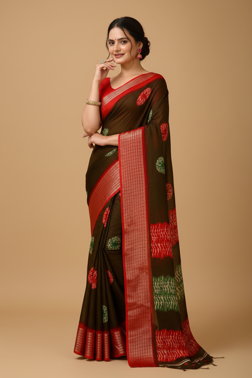 Snuggle Spot Women's Soft Blooming Marshmallow Fabric Kalamkari Printed Saree With Unstitched Blouse 5.5Mtr (Mehendi)