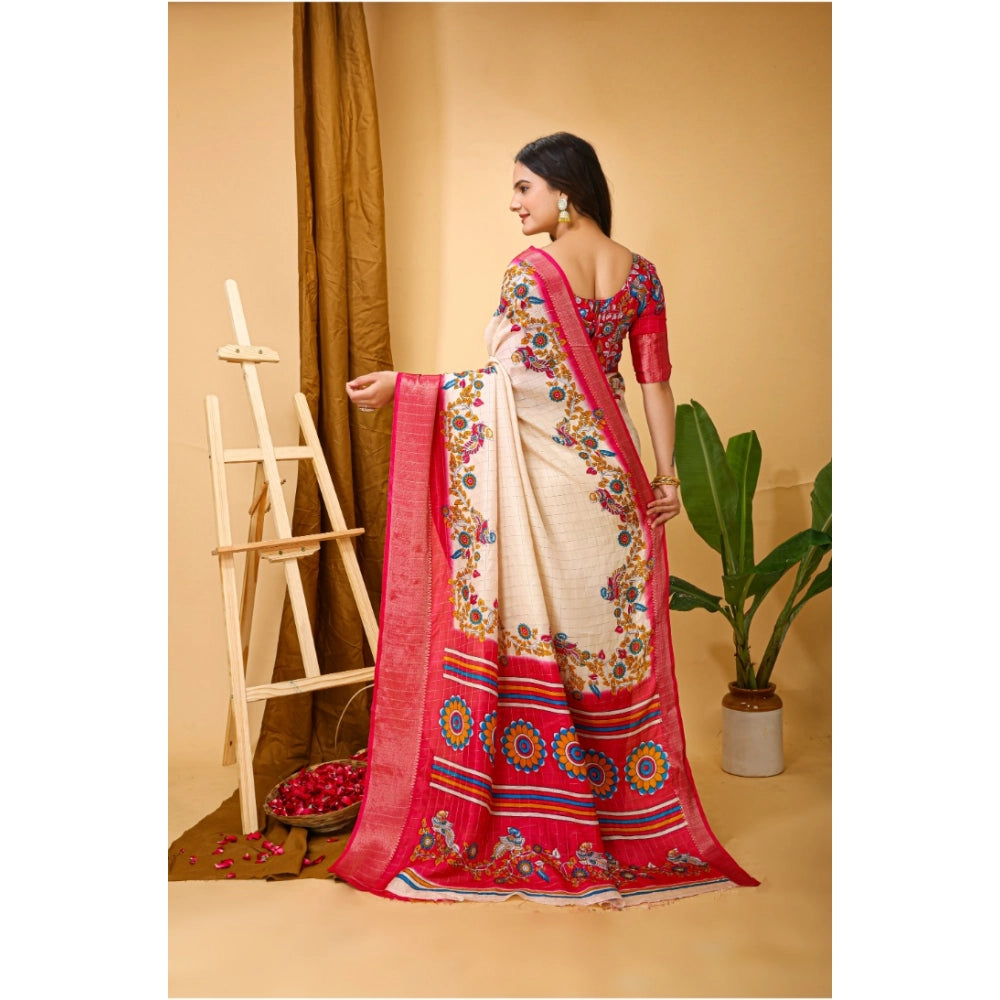 Snuggle Spot Women's Soft Dola Cotton Kalamkari Printed Saree With Unstitched Blouse 5.5Mtr (Red)