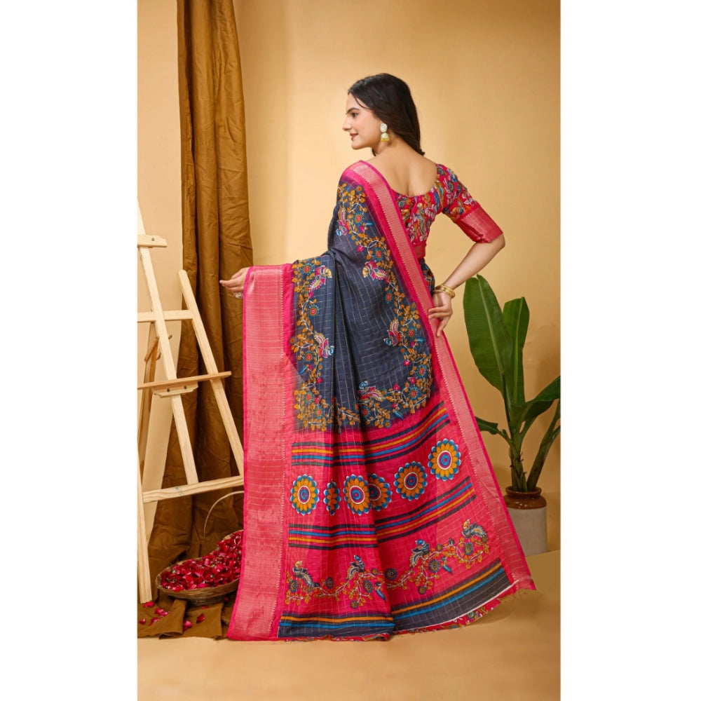 Snuggle Spot Women's Soft Dola Cotton Kalamkari Printed Saree With Unstitched Blouse 5.5Mtr (Grey)