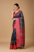 Snuggle Spot Women's Soft Dola Cotton Kalamkari Printed Saree With Unstitched Blouse 5.5Mtr (Grey)