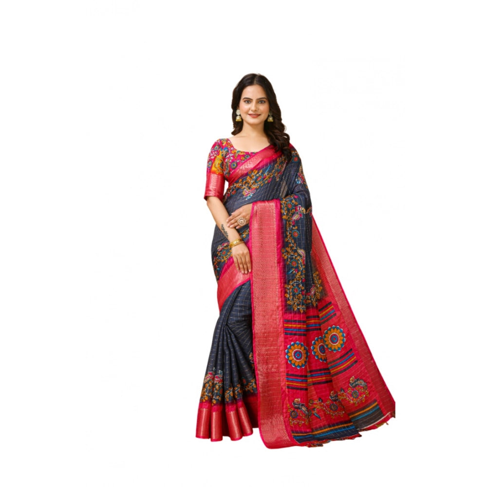 Snuggle Spot Women's Soft Dola Cotton Kalamkari Printed Saree With Unstitched Blouse 5.5Mtr (Grey)