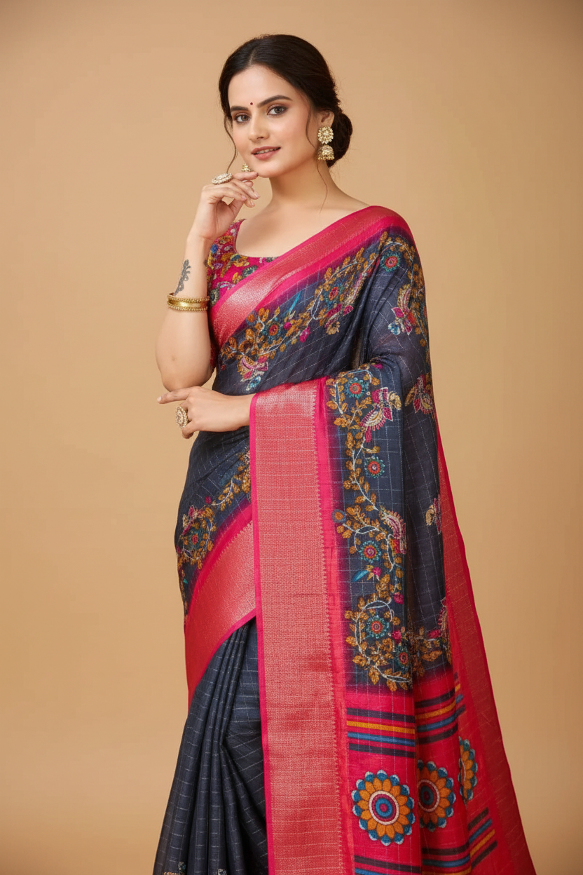 Snuggle Spot Women's Soft Dola Cotton Kalamkari Printed Saree With Unstitched Blouse 5.5Mtr (Grey)