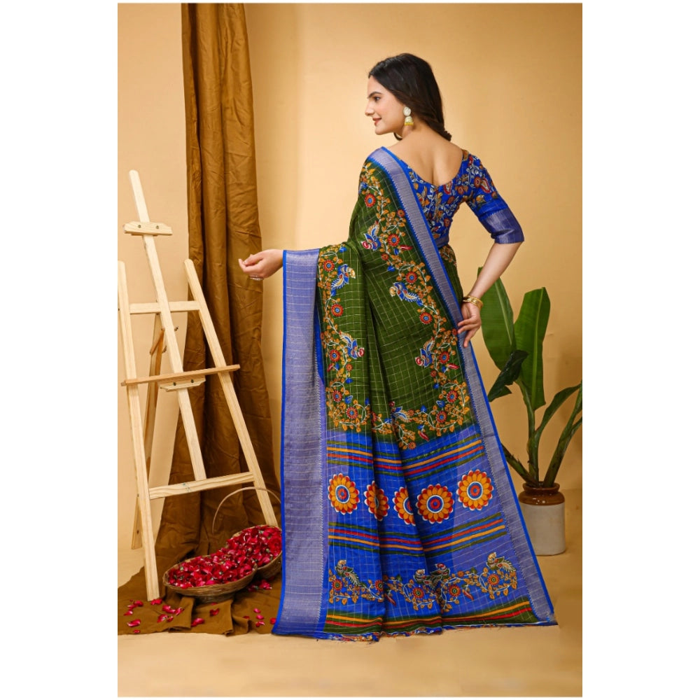 Snuggle Spot Women's Soft Dola Cotton Kalamkari Printed Saree With Unstitched Blouse 5.5Mtr (Mehendi)