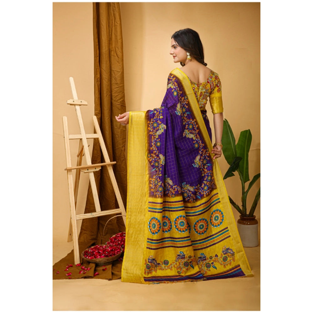 Snuggle Spot Women's Soft Dola Cotton Kalamkari Printed Saree With Unstitched Blouse 5.5Mtr (Purple)