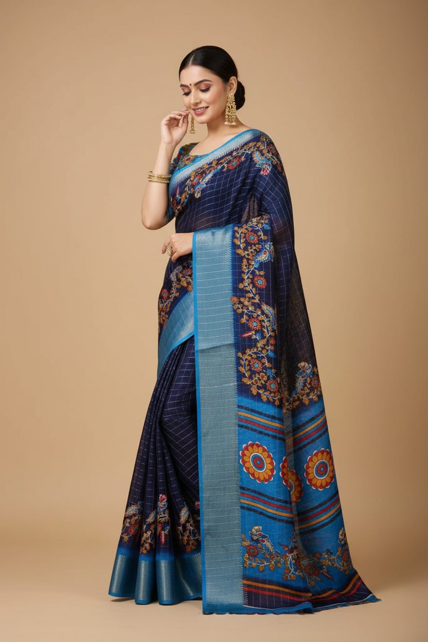 Snuggle Spot Women's Soft Dola Cotton Kalamkari Printed Saree With Unstitched Blouse 5.5Mtr (Navy Blue)