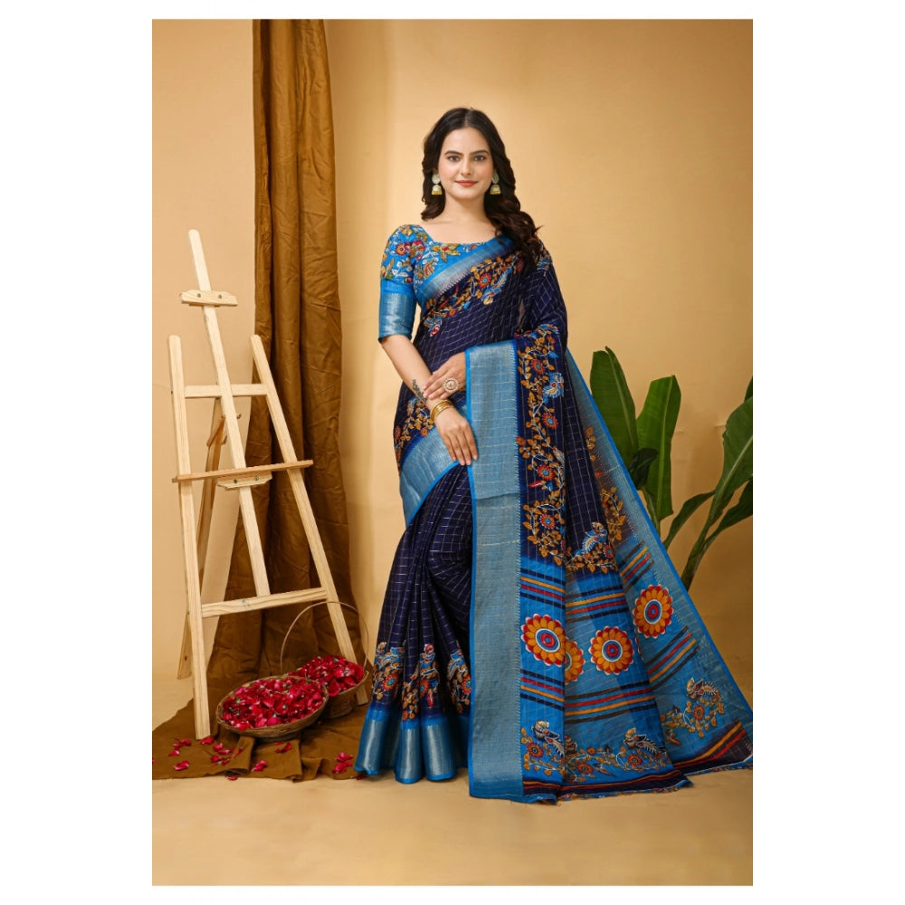 Snuggle Spot Women's Soft Dola Cotton Kalamkari Printed Saree With Unstitched Blouse 5.5Mtr (Navy Blue)