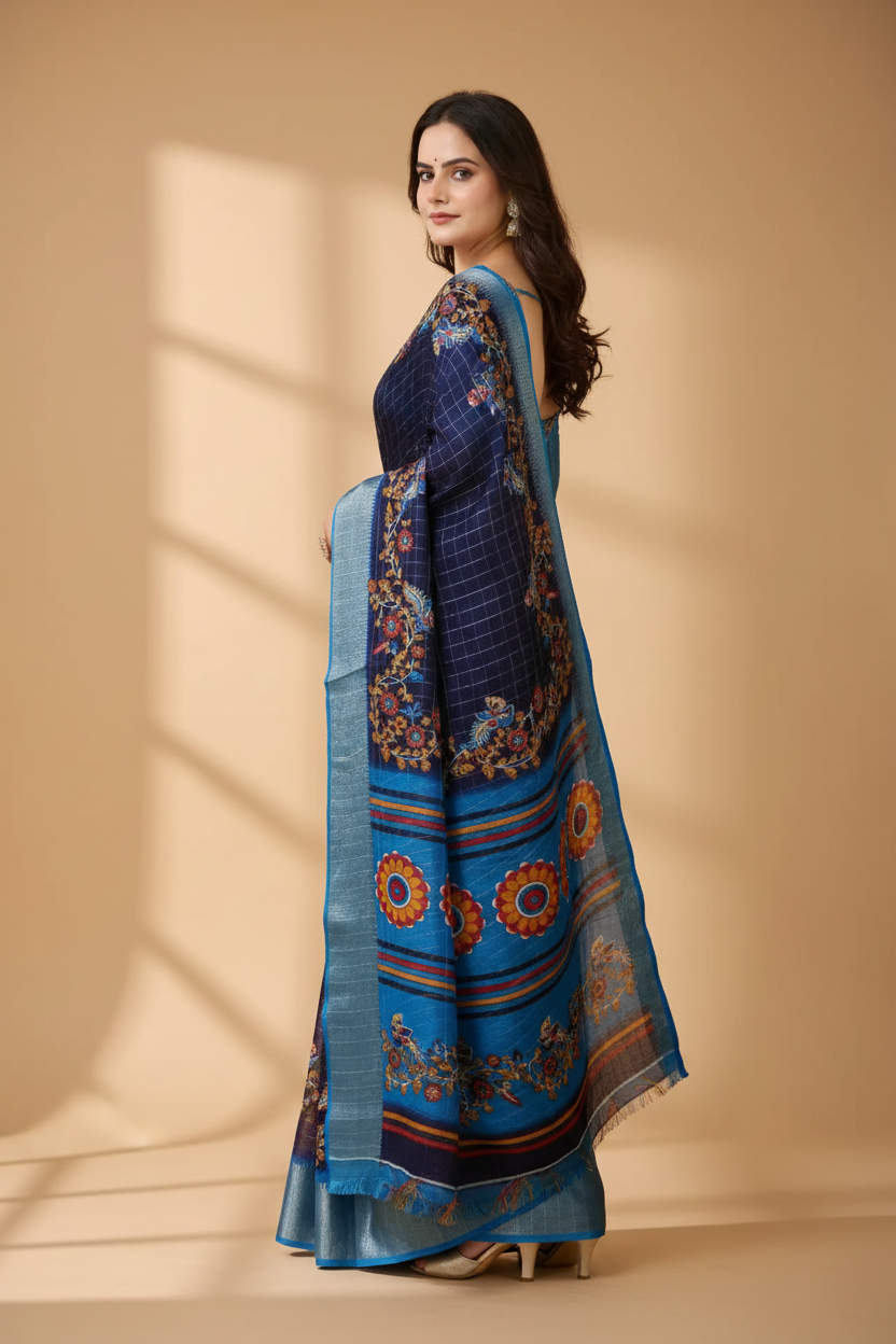 Snuggle Spot Women's Soft Dola Cotton Kalamkari Printed Saree With Unstitched Blouse 5.5Mtr (Navy Blue)