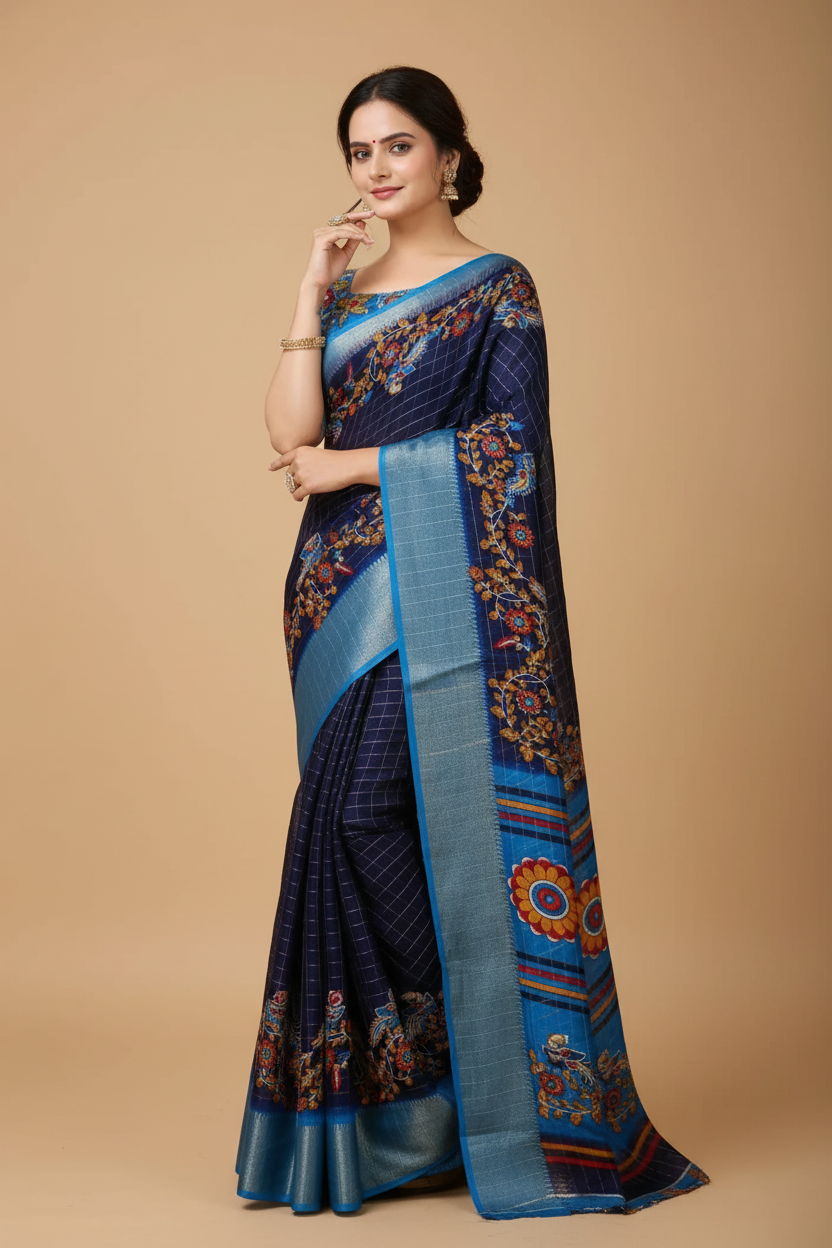 Snuggle Spot Women's Soft Dola Cotton Kalamkari Printed Saree With Unstitched Blouse 5.5Mtr (Navy Blue)