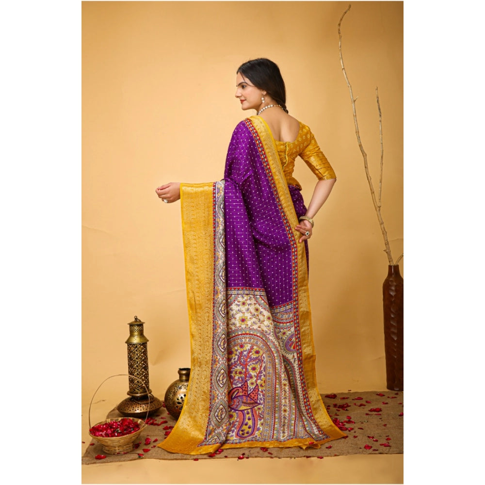 Snuggle Spot Women's Soft Dola Cotton Kalamkari Printed Saree With Unstitched Blouse 5.5Mtr (Purple)