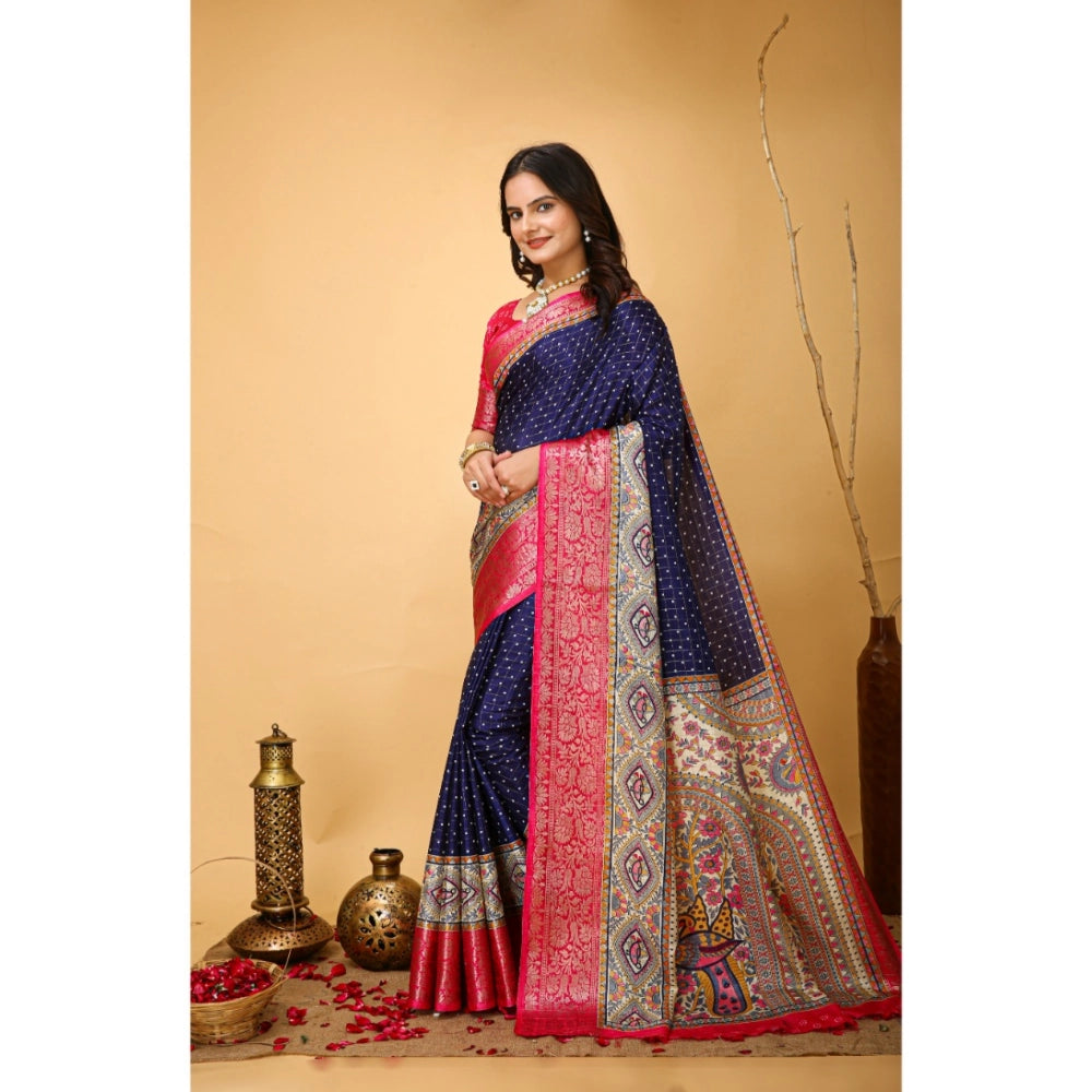 Snuggle Spot Women's Soft Dola Cotton Kalamkari Printed Saree With Unstitched Blouse 5.5Mtr (Navy Blue)