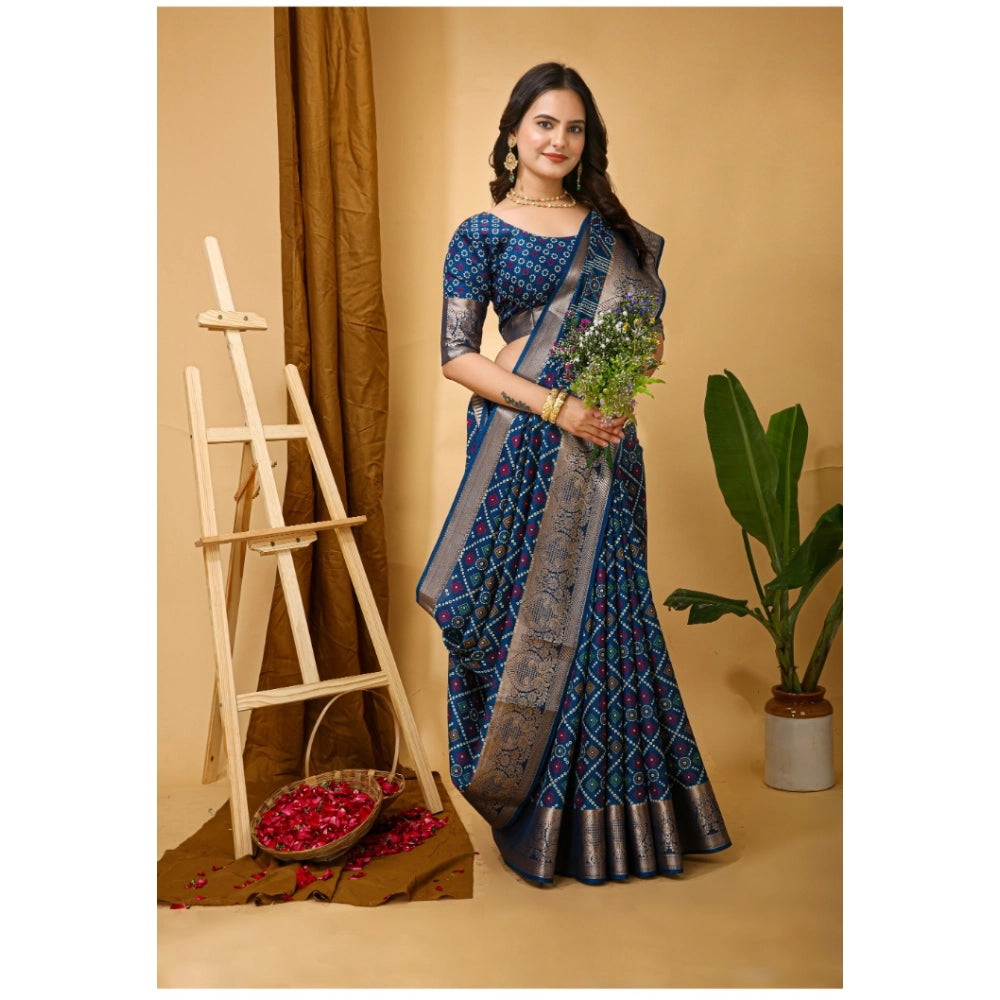 Snuggle Spot Women's Soft Dola Cotton Kalamkari Printed Saree With Unstitched Blouse 5.5Mtr (Blue)
