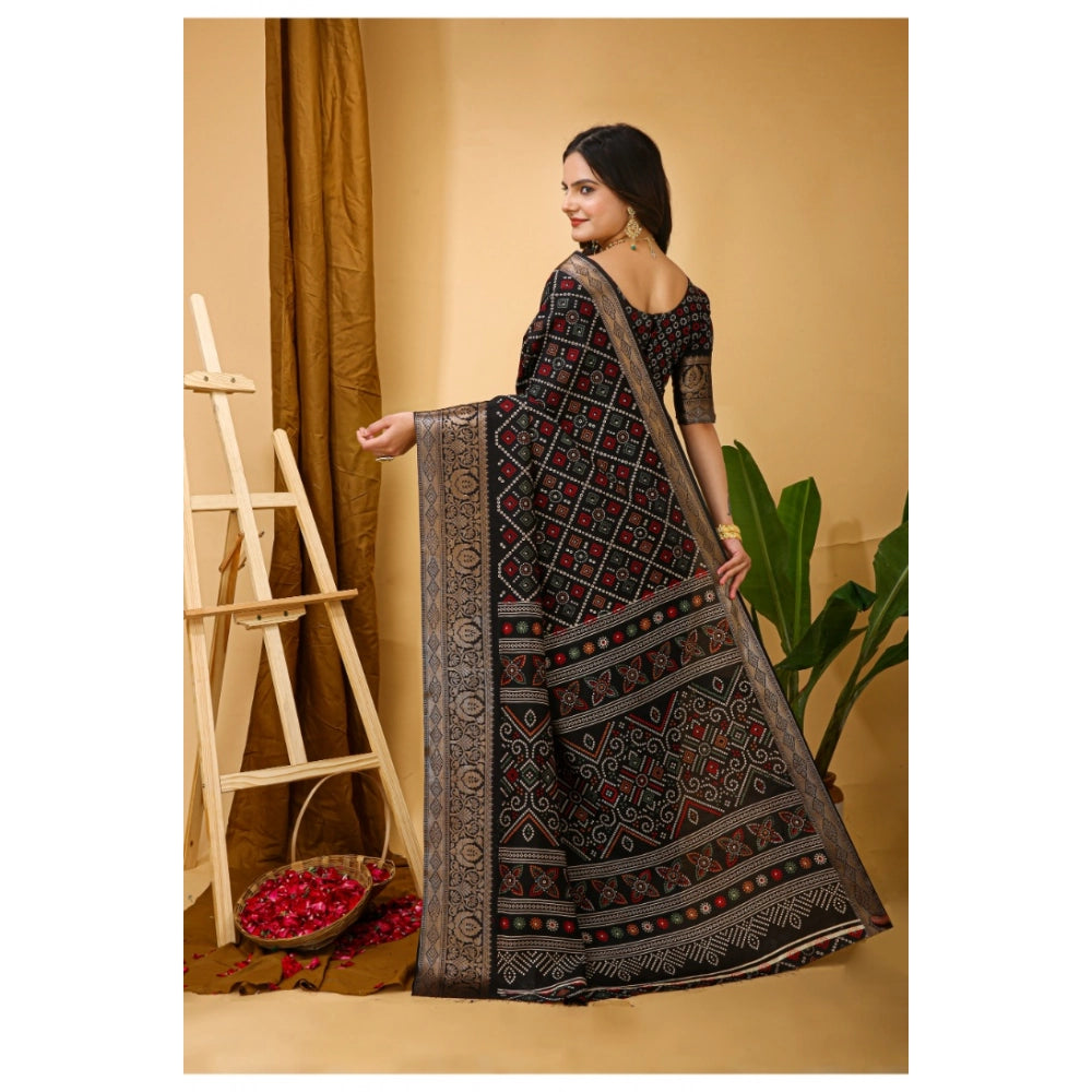 Snuggle Spot Women's Soft Dola Cotton Kalamkari Printed Saree With Unstitched Blouse 5.5Mtr (Black)