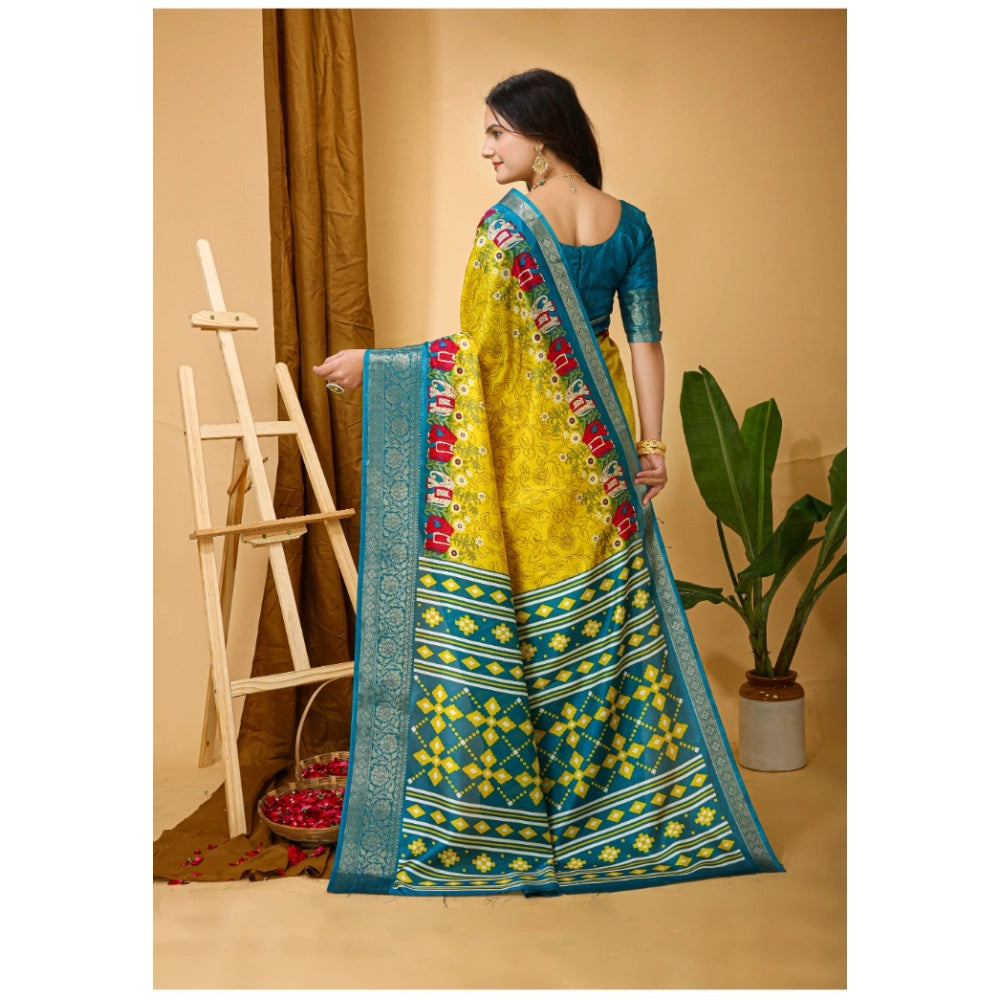 Snuggle Spot Women's Soft Dola Cotton Kalamkari Printed Saree With Unstitched Blouse 5.5Mtr (Yellow)