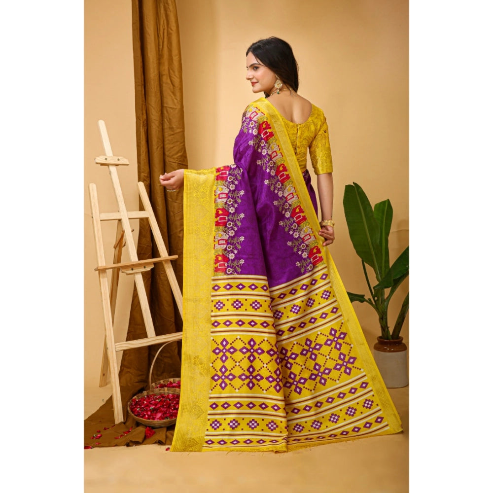 Snuggle Spot Women's Soft Dola Cotton Kalamkari Printed Saree With Unstitched Blouse 5.5Mtr (Purple)