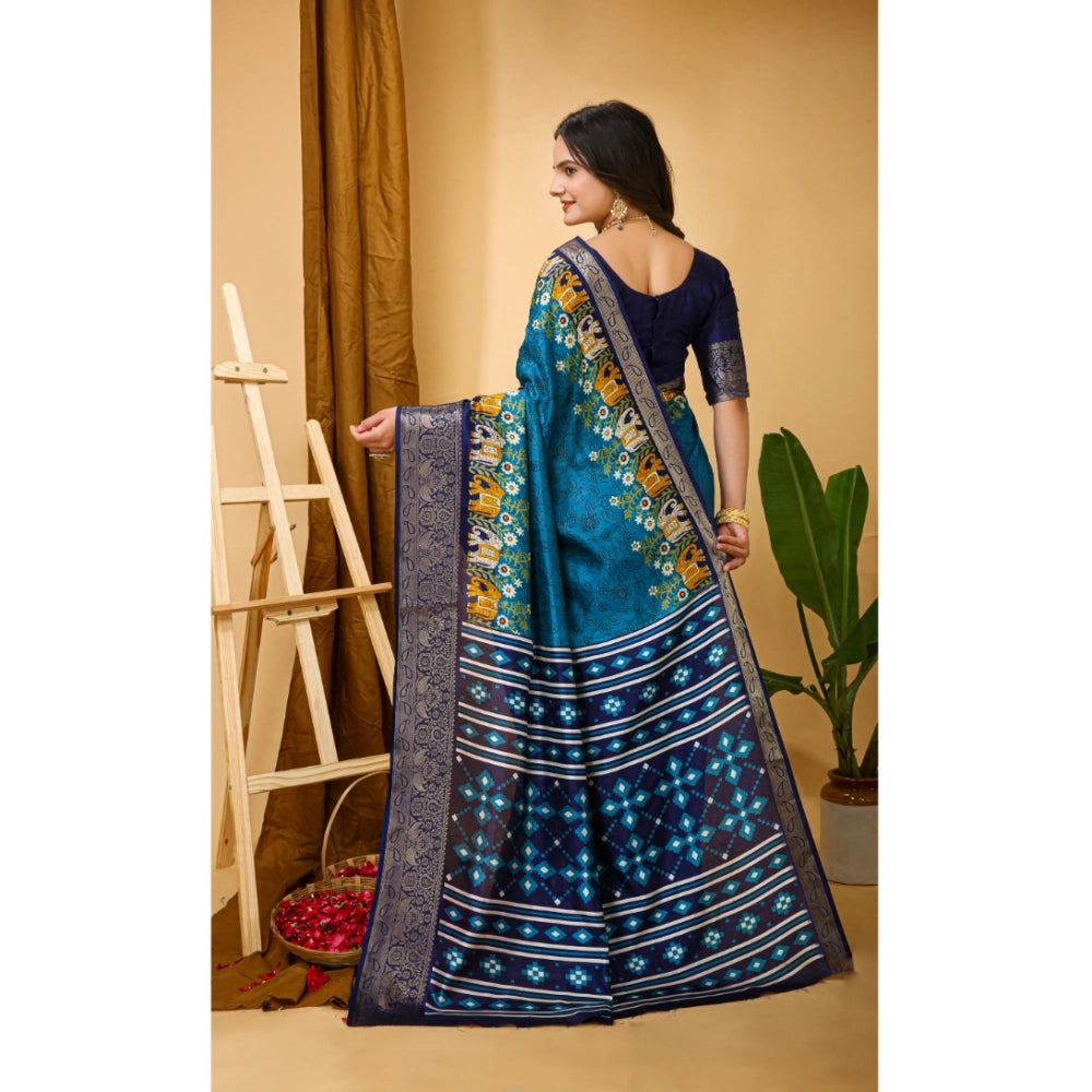 Snuggle Spot Women's Soft Dola Cotton Kalamkari Printed Saree With Unstitched Blouse 5.5Mtr (Blue)
