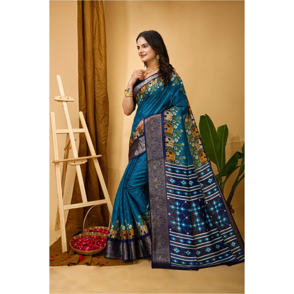 Snuggle Spot Women's Soft Dola Cotton Kalamkari Printed Saree With Unstitched Blouse 5.5Mtr (Blue)