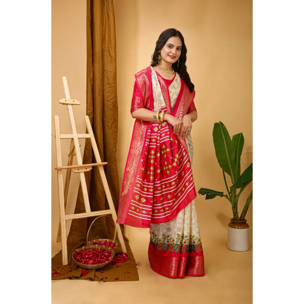 Snuggle Spot Women's Soft Dola Cotton Kalamkari Printed Saree With Unstitched Blouse 5.5Mtr (White)