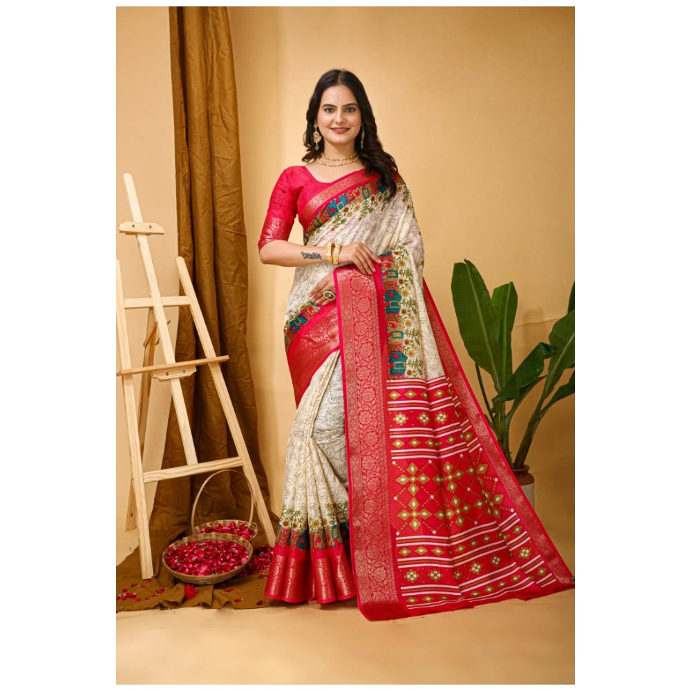 Snuggle Spot Women's Soft Dola Cotton Kalamkari Printed Saree With Unstitched Blouse 5.5Mtr (White)
