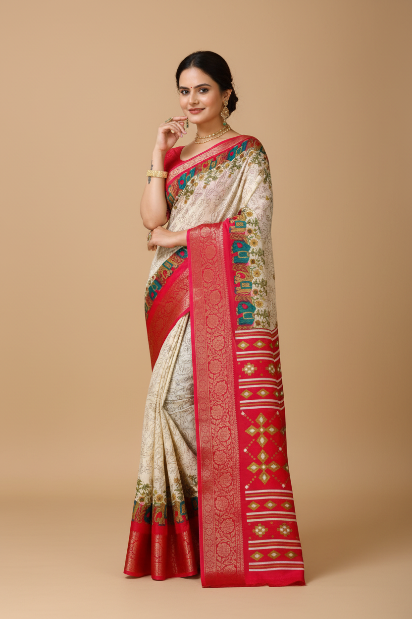 Snuggle Spot Women's Soft Dola Cotton Kalamkari Printed Saree With Unstitched Blouse 5.5Mtr (White)