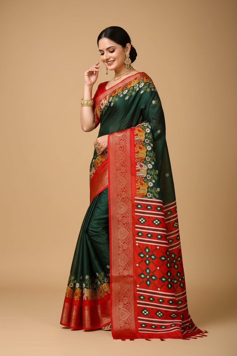 Snuggle Spot Women's Soft Dola Cotton Kalamkari Printed Saree With Unstitched Blouse 5.5Mtr (Green)