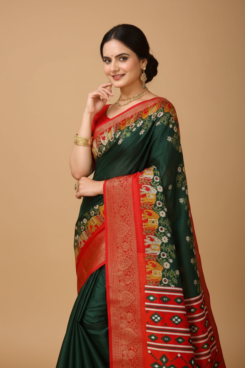 Snuggle Spot Women's Soft Dola Cotton Kalamkari Printed Saree With Unstitched Blouse 5.5Mtr (Green)