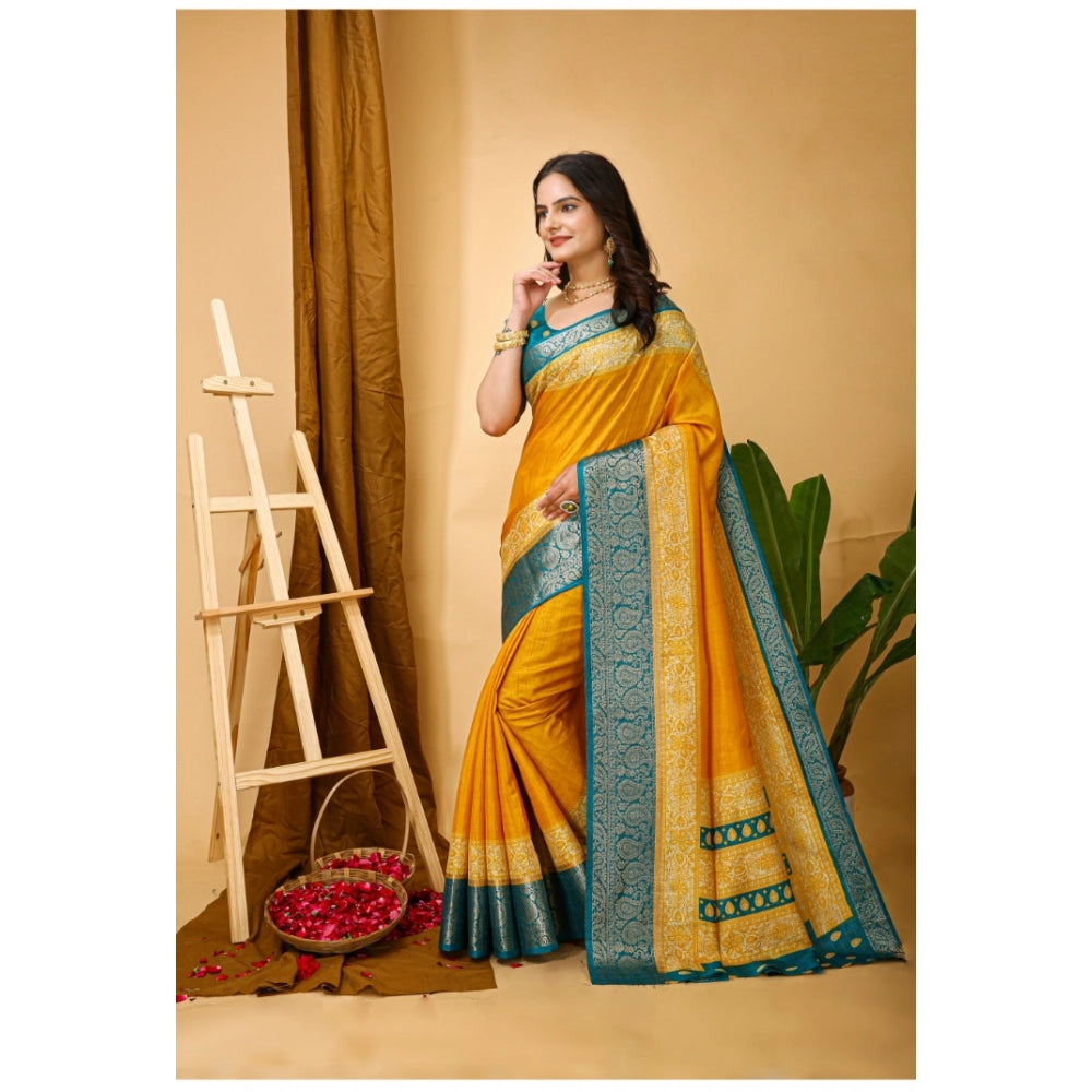 Snuggle Spot Women's Soft Dola Cotton Kalamkari Printed Saree With Unstitched Blouse 5.5Mtr (Yellow)