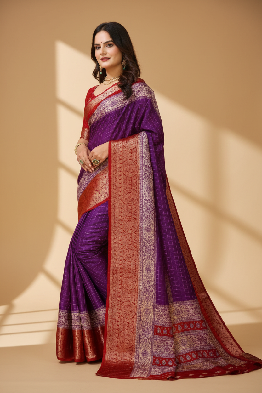 Snuggle Spot Women's Soft Dola Cotton Kalamkari Printed Saree With Unstitched Blouse 5.5Mtr (Purple)
