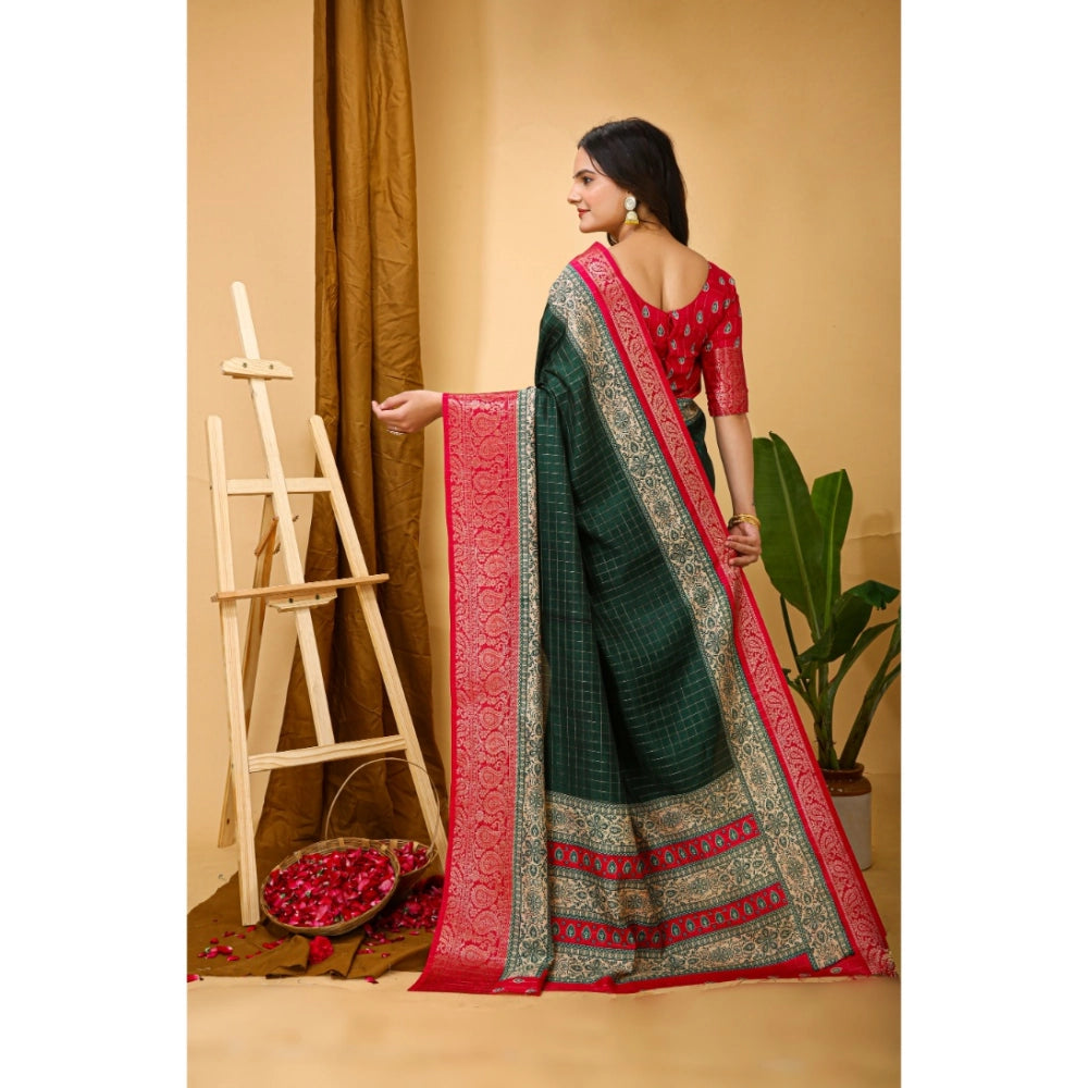 Snuggle Spot Women's Soft Dola Cotton Kalamkari Printed Saree With Unstitched Blouse 5.5Mtr (B.Green)