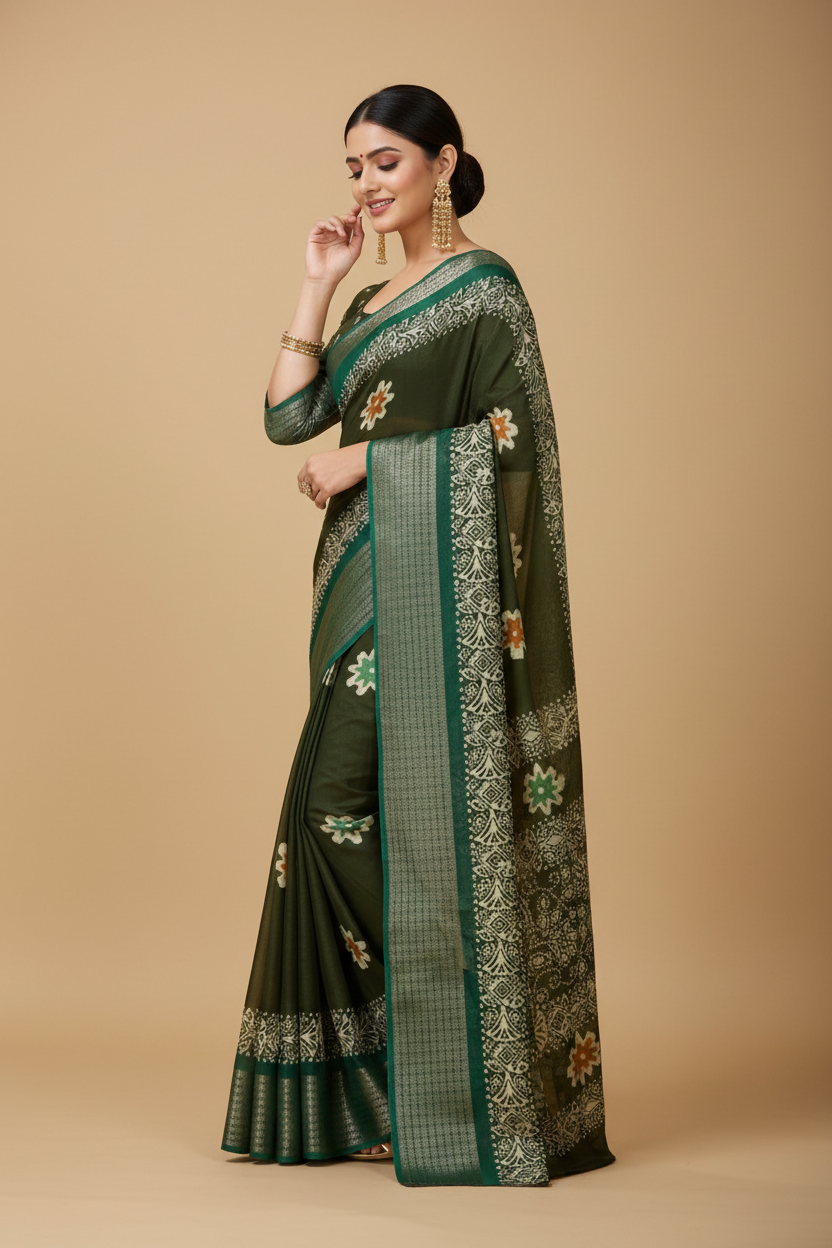 Snuggle Spot Women's Soft Blooming Marshmallow Fabric Kalamkari Printed Saree With Unstitched Blouse 5.5Mtr (Green)
