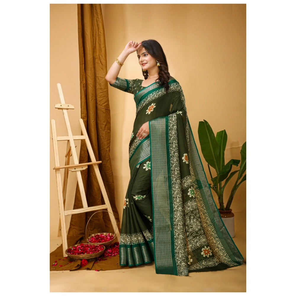 Snuggle Spot Women's Soft Blooming Marshmallow Fabric Kalamkari Printed Saree With Unstitched Blouse 5.5Mtr (Green)