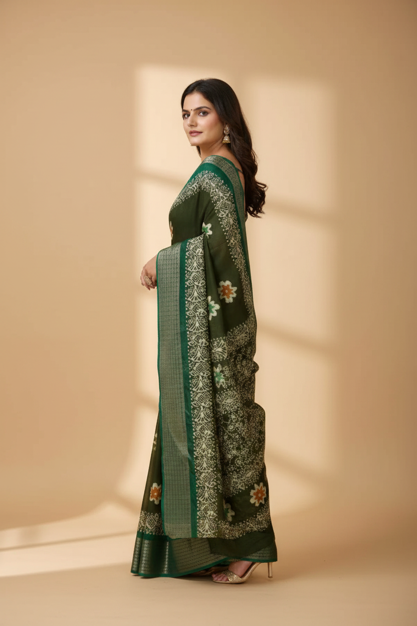 Snuggle Spot Women's Soft Blooming Marshmallow Fabric Kalamkari Printed Saree With Unstitched Blouse 5.5Mtr (Green)