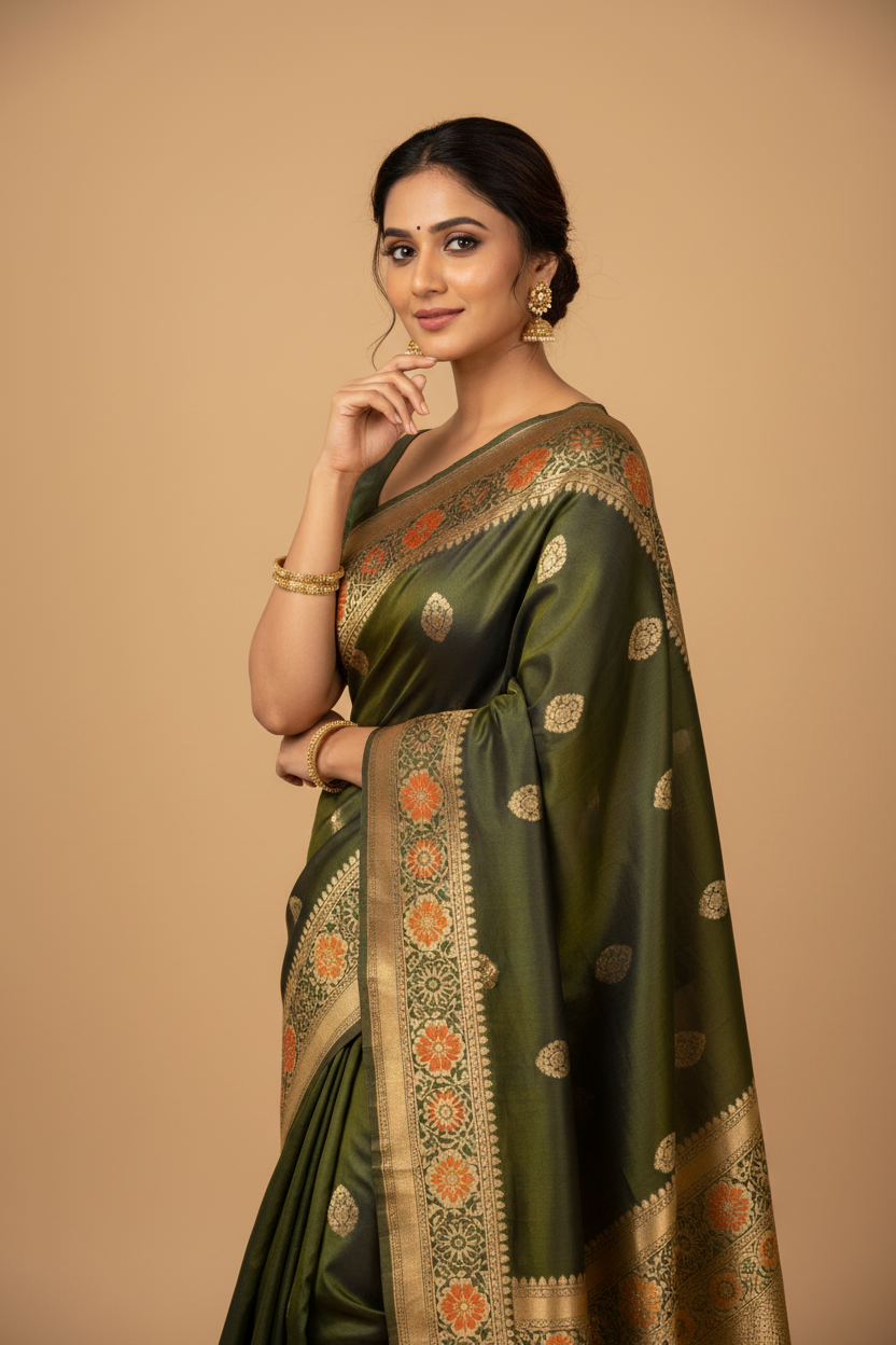 Snuggle Spot Women's Soft Blooming Marshmallow Fabric Kalamkari Printed Saree With Unstitched Blouse 5.5Mtr (Green)