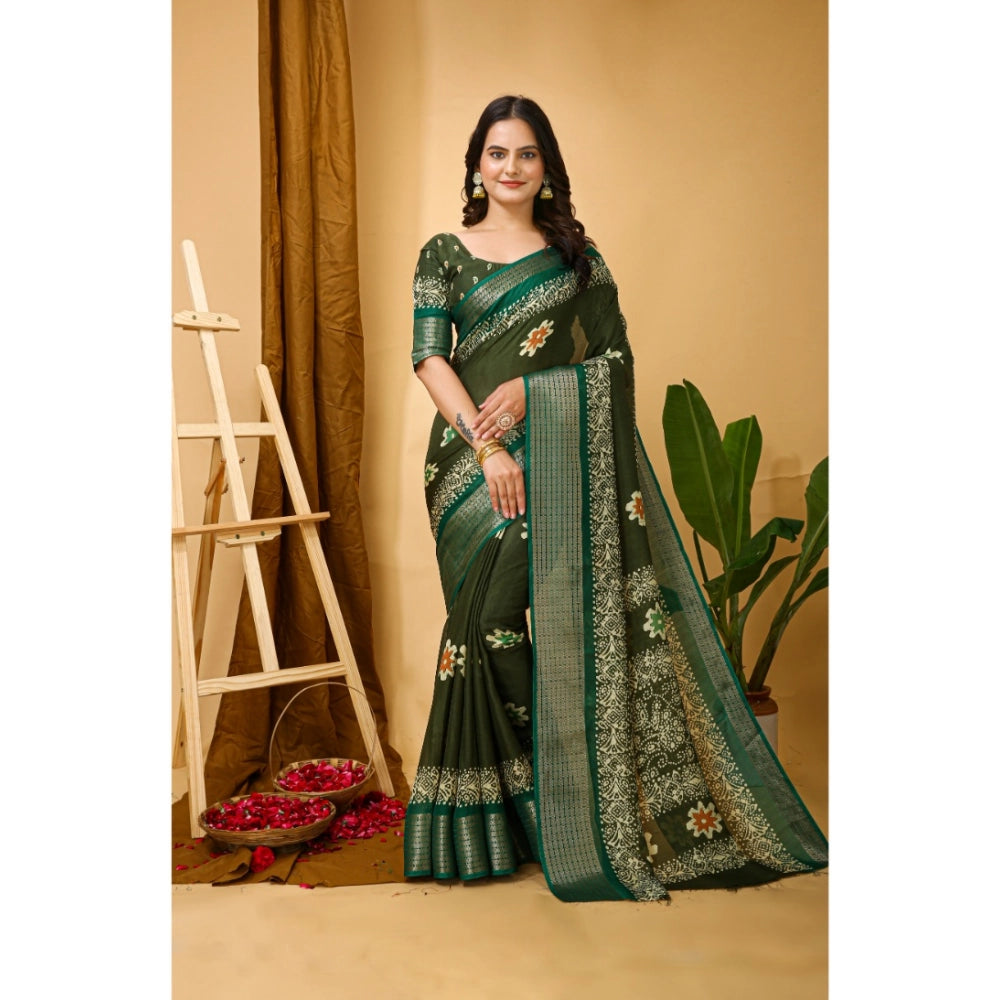 Snuggle Spot Women's Soft Blooming Marshmallow Fabric Kalamkari Printed Saree With Unstitched Blouse 5.5Mtr (Green)