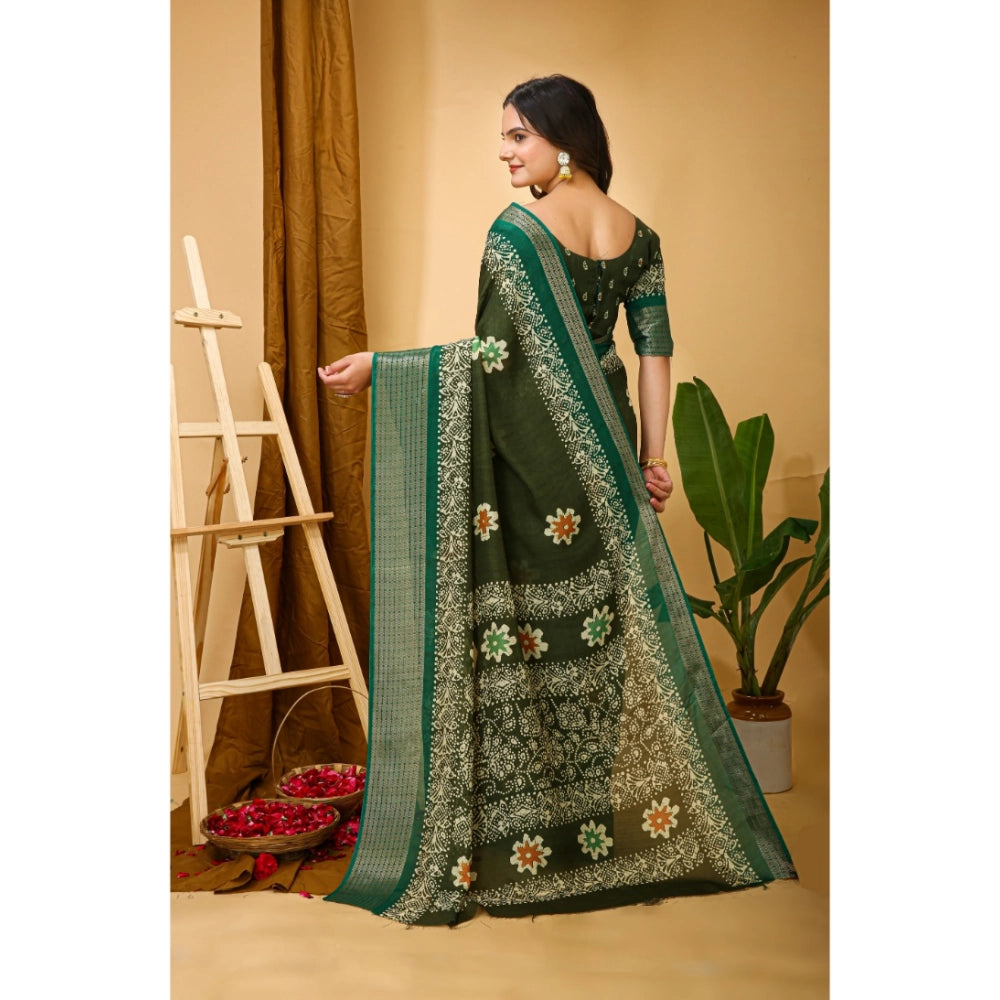 Snuggle Spot Women's Soft Blooming Marshmallow Fabric Kalamkari Printed Saree With Unstitched Blouse 5.5Mtr (Green)