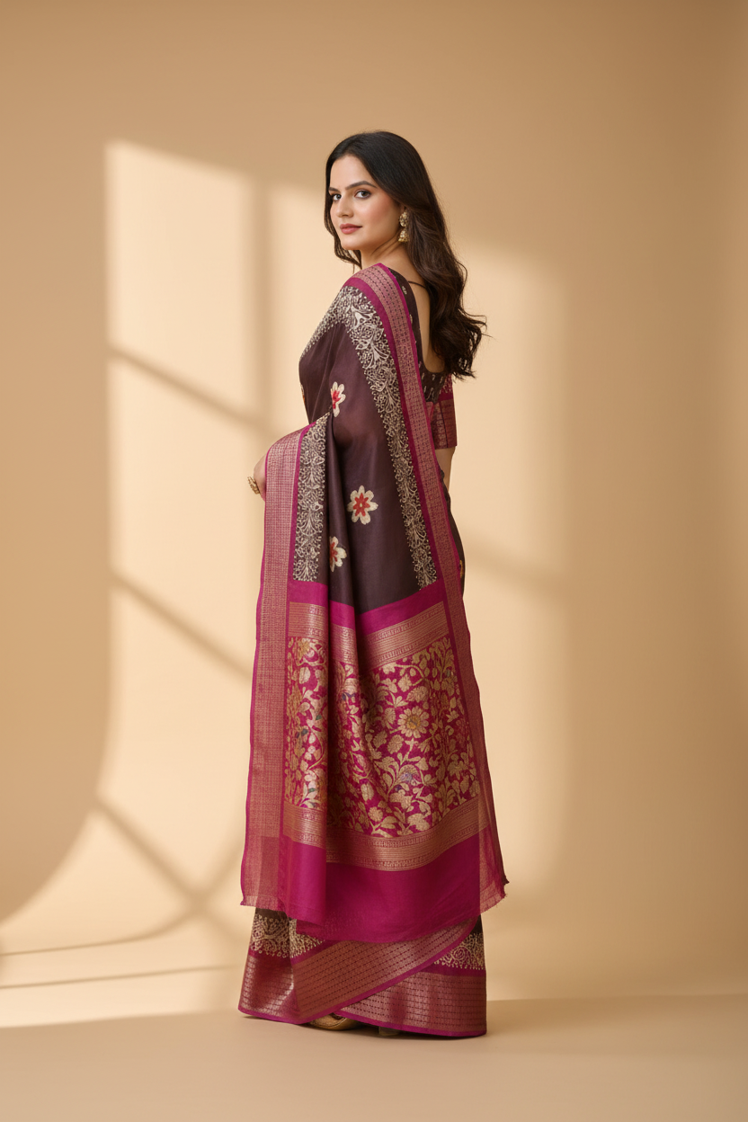Snuggle Spot Women's Soft Blooming Marshmallow Fabric Kalamkari Printed Saree With Unstitched Blouse 5.5Mtr (Maroon)