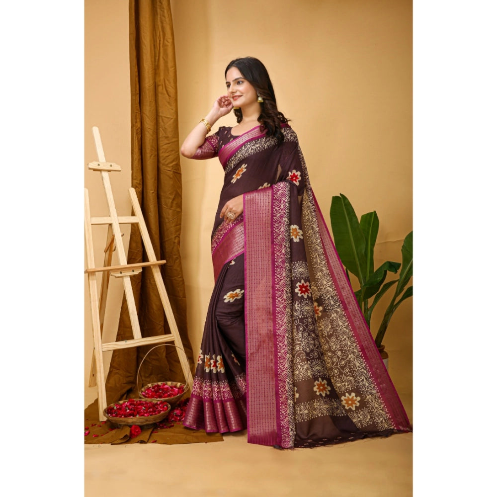 Snuggle Spot Women's Soft Blooming Marshmallow Fabric Kalamkari Printed Saree With Unstitched Blouse 5.5Mtr (Maroon)