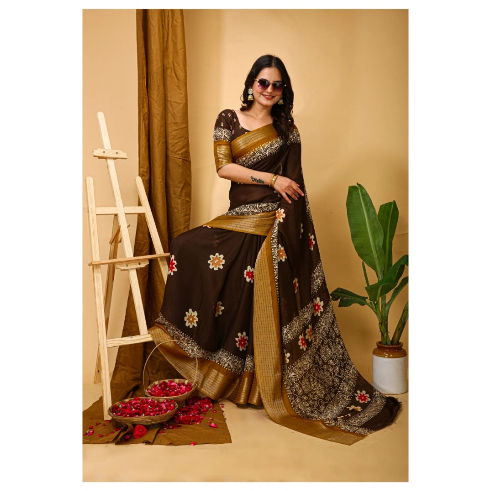 Snuggle Spot Women's Soft Blooming Marshmallow Fabric Kalamkari Printed Saree With Unstitched Blouse 5.5Mtr (Brown)