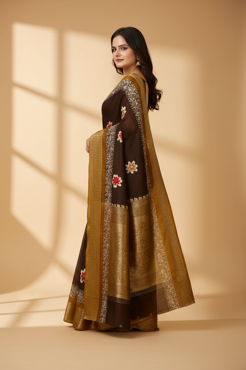 Snuggle Spot Women's Soft Blooming Marshmallow Fabric Kalamkari Printed Saree With Unstitched Blouse 5.5Mtr (Brown)