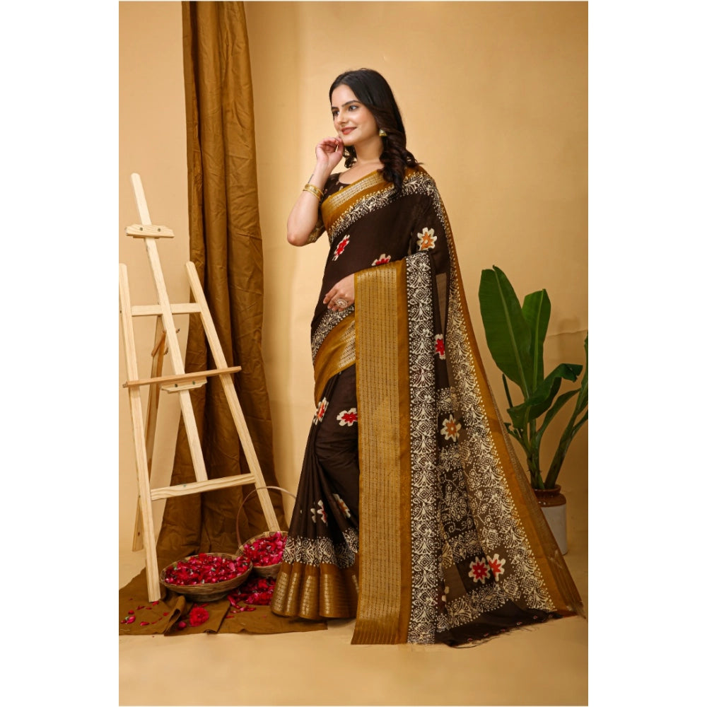 Snuggle Spot Women's Soft Blooming Marshmallow Fabric Kalamkari Printed Saree With Unstitched Blouse 5.5Mtr (Brown)