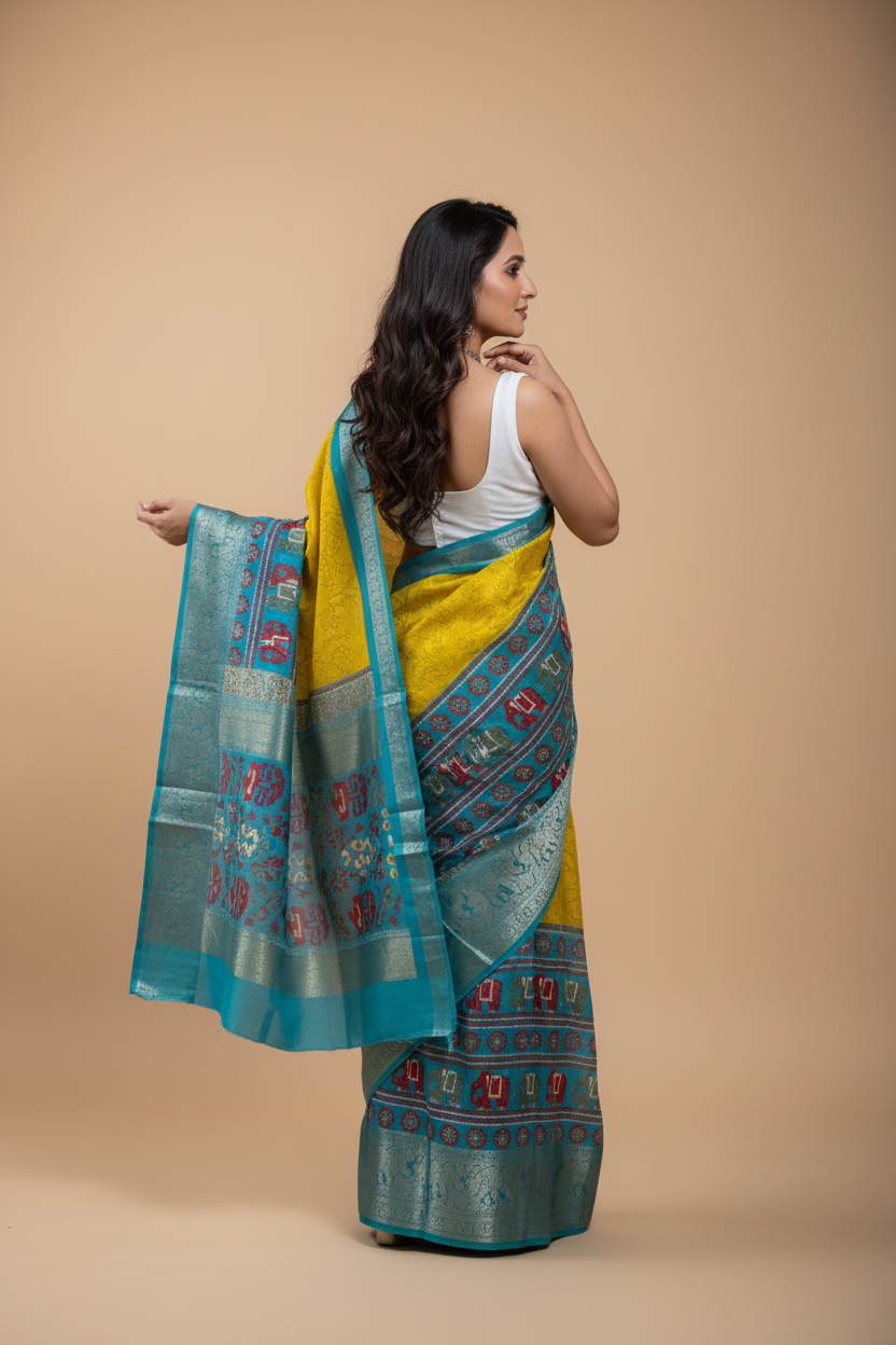 Snuggle Spot Women's Soft Dola Cotton Kalamkari Printed Saree With Unstitched Blouse 5.5Mtr (Mustard)