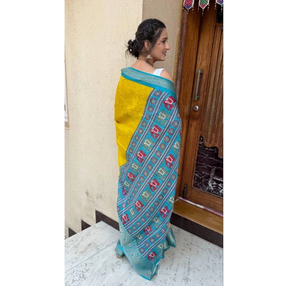 Snuggle Spot Women's Soft Dola Cotton Kalamkari Printed Saree With Unstitched Blouse 5.5Mtr (Mustard)