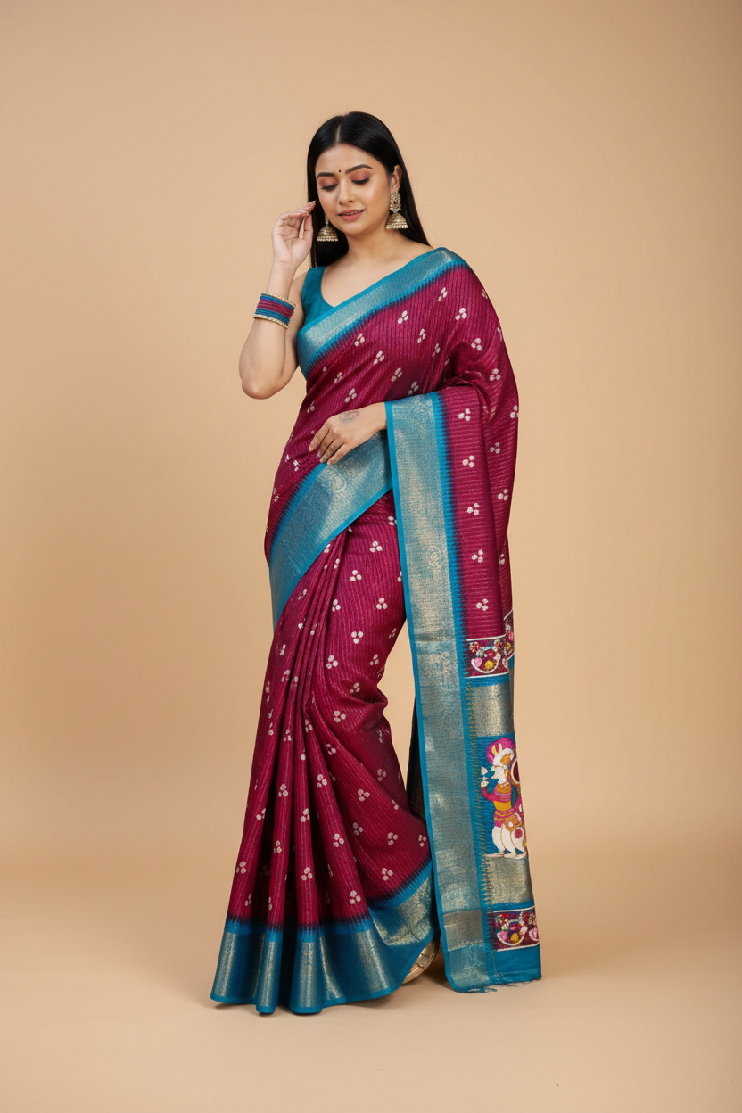 Snuggle Spot Women's Soft Dola Cotton Kalamkari Printed Saree With Unstitched Blouse 5.5Mtr (Wine)