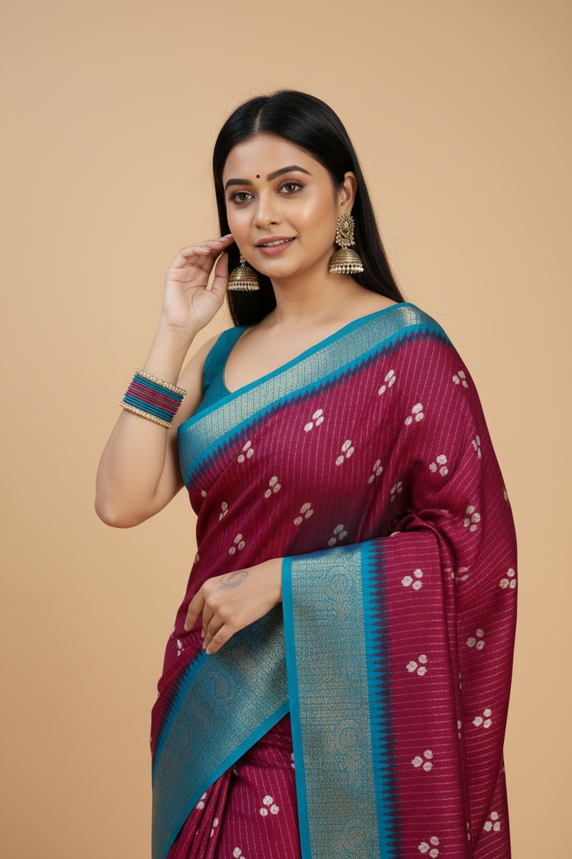 Snuggle Spot Women's Soft Dola Cotton Kalamkari Printed Saree With Unstitched Blouse 5.5Mtr (Wine)