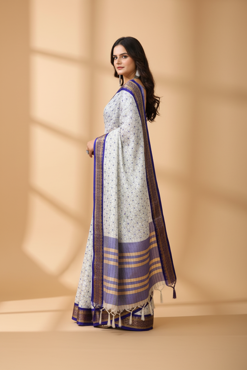 Snuggle Spot Women's Soft Cotton Silk Printed Saree With Unstitched Blouse 5.5Mtr (Purple)