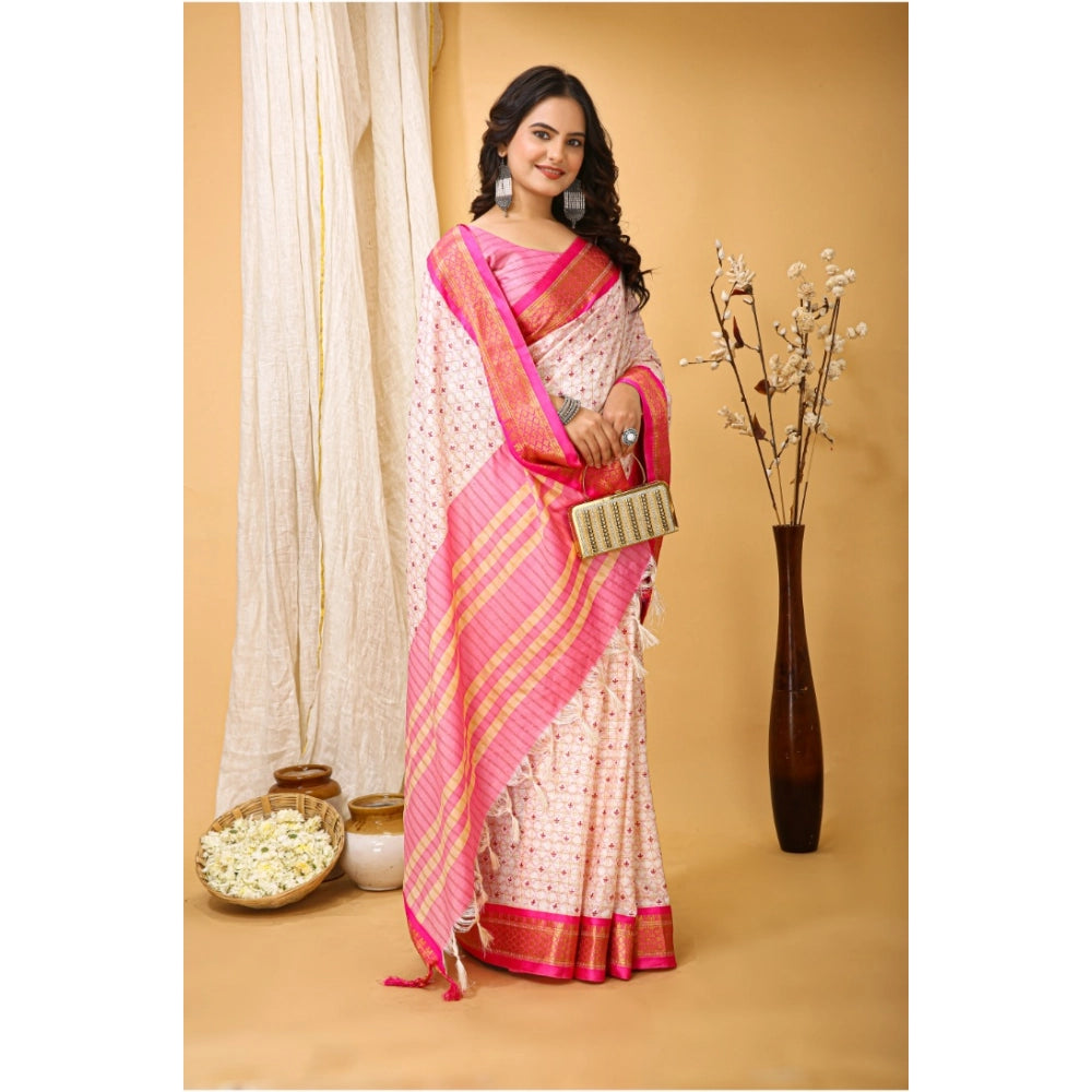 Snuggle Spot Women's Soft Cotton Silk Printed Saree With Unstitched Blouse 5.5Mtr (Pink)