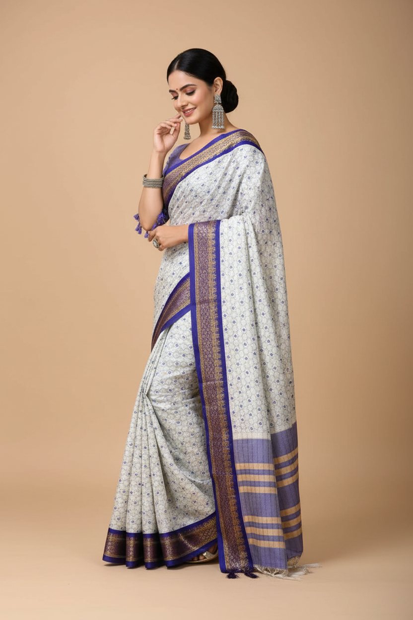 Snuggle Spot Women's Soft Cotton Silk Printed Saree With Unstitched Blouse 5.5Mtr (Purple)