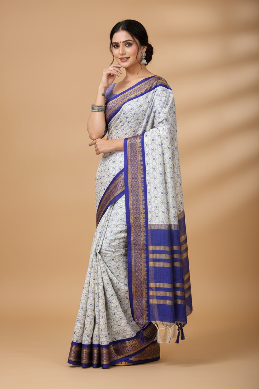 Snuggle Spot Women's Soft Cotton Silk Printed Saree With Unstitched Blouse 5.5Mtr (Purple)