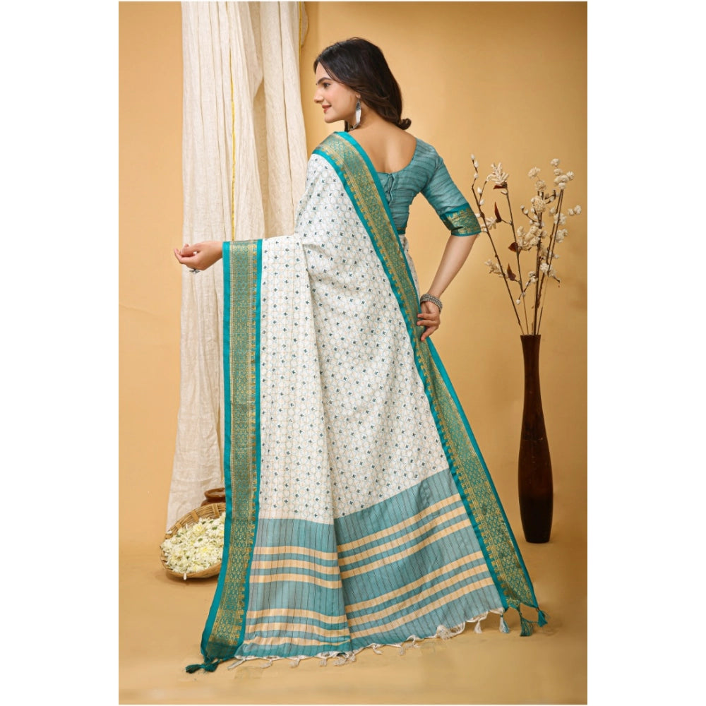 Snuggle Spot Women's Soft Cotton Silk Printed Saree With Unstitched Blouse 5.5Mtr (Rama Green)