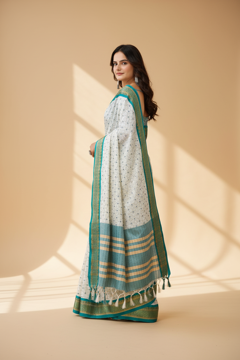 Snuggle Spot Women's Soft Cotton Silk Printed Saree With Unstitched Blouse 5.5Mtr (Rama Green)